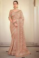 Resham,embroidered Satin georgette Peach Party Wear Saree with Blouse