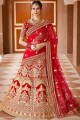 Hand Velvet Bridal Lehenga Choli in Red with Dupatta