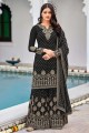 Embroidered Faux georgette Palazzo Suit in Black with Dupatta