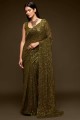 Embroidered Georgette Party Wear Saree in Mahendi with Blouse