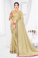 Embroidered,printed Moss Chiffon Saree in Beige with Blouse