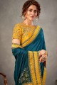 Georgette and silk Resham,hand,embroidered Teal blue Saree with Blouse