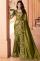 Embroidered Art silk Wedding Saree in Olive green with Blouse