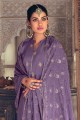 Jacquard and muslin Salwar Kameez in Violet with Embroidered