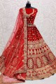 Velvet Bridal Lehenga Choli in Red with Stone with moti