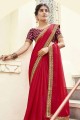Chiffon Teal red Saree in Embroidered