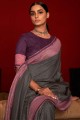 Grey South Indian Saree in Silk with Weaving,digital print