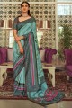 Teal  Silk South Indian Saree with Weaving,digital print