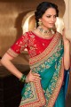 Teal Wedding Saree in Embroidered Satin georgette