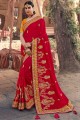 Resham,embroidered Satin georgette South Indian Saree in Red with Blouse