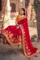 Resham,embroidered Satin georgette South Indian Saree in Red with Blouse