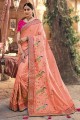 Resham,embroidered Satin georgette South Indian Saree in Peach