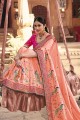 Resham,embroidered Satin georgette South Indian Saree in Peach