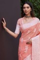 Peach South Indian Saree with Thread,weaving Linen