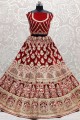 Red Velvet Embroidered Wedding Lehenga Choli with Dupatta