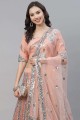 Embroidered Party Lehenga Suit in Peach Net