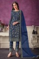 Teal blue Salwar Kameez with Embroidered Soft net
