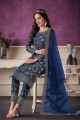 Teal blue Salwar Kameez with Embroidered Soft net