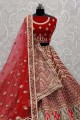 Velvet Thread,Dori,Patch Embroidery,Diamond Work Red Wedding Lehenga Choli with Soft Net Dupatta