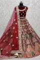 Maroon Velvet Thread,Dori,Hand Mirror Embroidery,Diamond Work Wedding Lehenga Choli with Soft Net Dupatta
