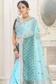 Wevon Designer,Embroidery Work saree in Blue Linen