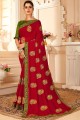 P.C.Vichitra Silk Heavy Butta Embroidery,Stone Work Red saree with Blouse