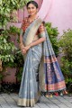 South indian saree in Grey Tussar Silk with Wevon Multy Color Pallu Designer
