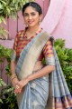 South indian saree in Grey Tussar Silk with Wevon Multy Color Pallu Designer