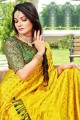Yellow saree in Satin Georgette with Wevon With Mirror Work,Printed