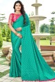Satin Georgette saree in Turquoise with Wevon With Mirror Work,Printed