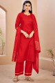Red Palazzo Salwar kameez in Rayon with Solid,Wevon Dupatta