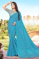 Chiffon saree in Blue with Designer Printed,Embroidey Work
