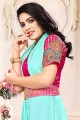Turquoise Satin Chiffon saree with Designer Work Blouse With Belt