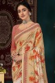 Cream Designer Printed Art Silk saree