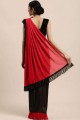 Saree in Red,black Poly cotton with Embroidered
