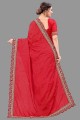 Red Silk Saree with Embroidered,lace border,stone with moti