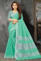 Saree in Turquoise  Linen with Lace border