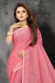 Lace border Linen Saree in Pink