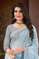 Saree in Sky blue Linen with Lace border