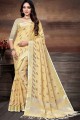 Saree in Yellow Linen with Printed,lace border