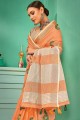 Saree in Orange Linen with Embroidered