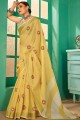 Linen Saree in Yellow with Embroidered