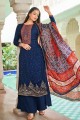 Printed Jacquard silk Blue Eid Palazzo Suit with Dupatta