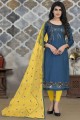 Teal blue Eid Salwar Kameez in Cotton with Embroidered