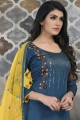 Teal blue Eid Salwar Kameez in Cotton with Embroidered