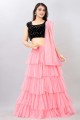 Embroidered Net Party Lehenga Choli in Pink with Dupatta