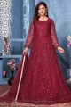 Eid Anarkali Suit in Maroon Net with Embroidered