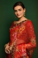 Georgette Saree in Red with Embroidered,lace border