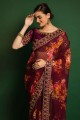 Embroidered,lace border Georgette Wine Saree with Blouse