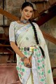 Off white Banarasi Saree in Linen with Resham,embroidered,lace border